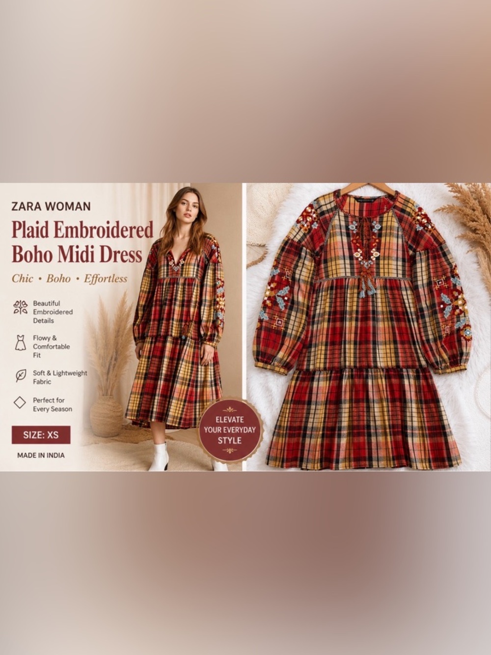 Zara plaid flannel floral embroidery tiered puff sleeve midi dress size XS
